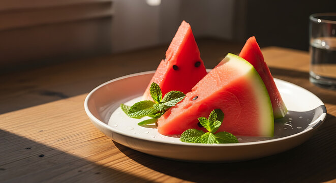 Fresh watermelon slices on plate with mint summer fruit healthy food refreshing dessert diet
