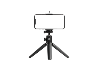Smartphone on a mini tripod holder for vlogging or video recording. Isolated on transparent background