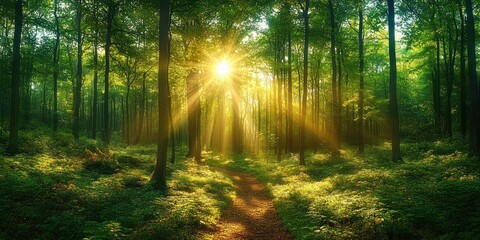 Obraz premium Sunlit forest path with golden rays filtering through tall trees, lush green undergrowth, serene and peaceful morning atmosphere