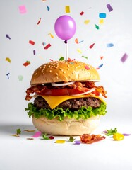 A tall burger with bacon, cheese, lettuce, tomato, and a tiny balloon on a white background with confetti falling
