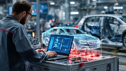 Engineer working on a laptop in a futuristic automotive factory with holographic car design - Powered by Adobe