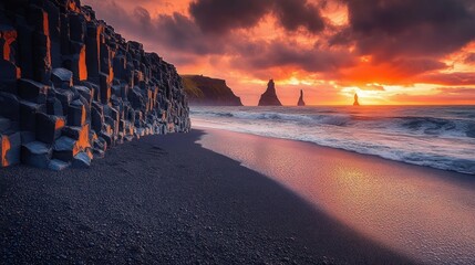 basalt column cliff on black pebble beach at fiery sunset with distant sea stacks, crashing waves and reflective wet sand, dramatic awe-inspiring atmosphere