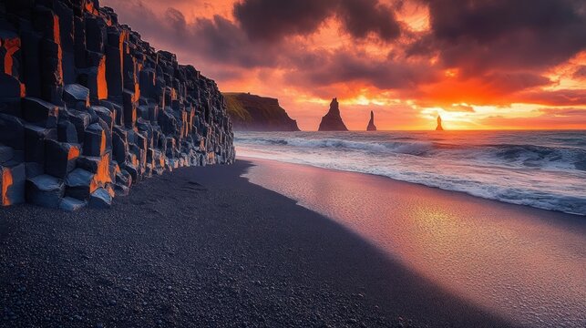 basalt column cliff on black pebble beach at fiery sunset with distant sea stacks, crashing waves and reflective wet sand, dramatic awe-inspiring atmosphere
