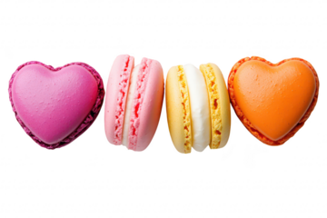 A colorful assortment of heart-shaped macarons in pink. purple. orange. and yellow arranged neatly on a clean white background. ideal for dessert photography or culinary art use