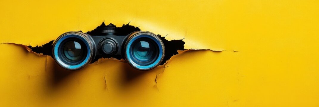 Binoculars with blue lenses peering through a torn yellow paper backdrop, evoking curiosity and intrigue