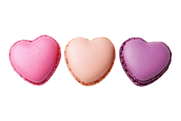 A assortment of heart-shaped macarons in pink. peach. and purple colors. beautifully arranged on a clean white background. ideal for dessert-themed promotions or Valentines Day celebrations