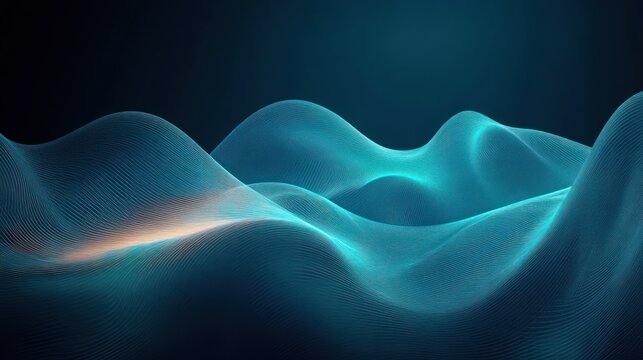 glowing teal mesh waves forming a serene undulating digital landscape
