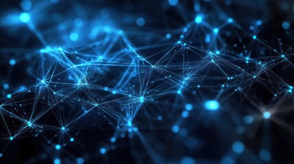 Glowing blue network of interconnected nodes and fine lines forming a futuristic digital web, evoking connectivity, motion, and mysterious depth