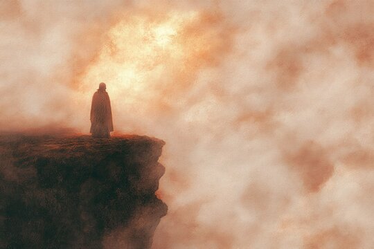 solitary cloaked figure standing on a rocky cliff edge gazing into a glowing cloudy sky at dawn, evoking solitude and quiet contemplation