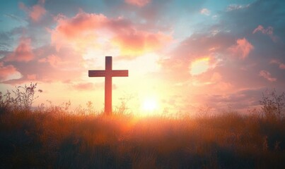 wooden cross on a grassy hill at sunrise with glowing golden and pink clouds, backlit silhouette evoking peaceful hopeful spiritual reflection