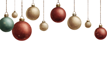 Elegant Christmas balls banner featuring metallic red, gold, and green ornaments arranged in a soft gradient layout with sparkling lights and clean text space in the center on white background