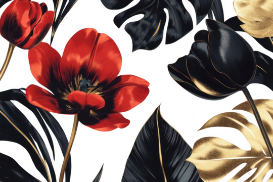 A arrangement of red and black tulips alongside golden and black tropical leaves against a clean white background. ideal for floral-themed decor or design projects