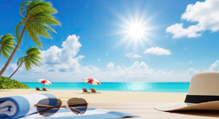 A beach scene with a towel, hat, and sunglasses on a wooden table, with palm trees and a clear blue sky in the background.