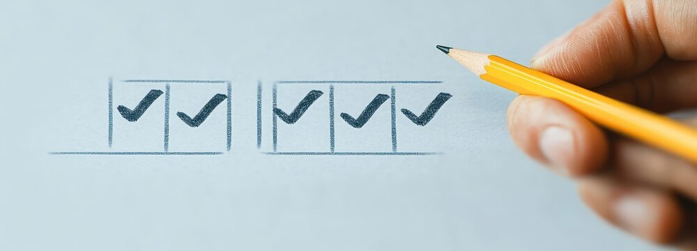 close-up of a hand holding a yellow pencil marking checked boxes on paper checklist conveying accomplishment and satisfaction