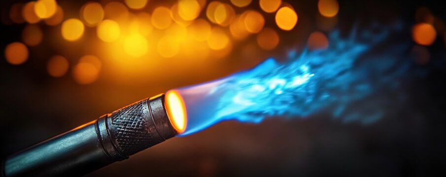 metal handheld torch nozzle emitting a vibrant blue flame with glowing orange core, intense focused heat and energy against a warm bokeh background - Powered by Adobe
