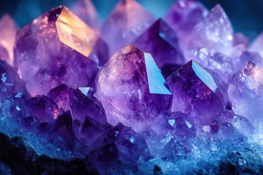 close-up of purple amethyst crystal cluster with glowing facets, shimmering blue and golden light, evoking awe and serene mystical beauty
