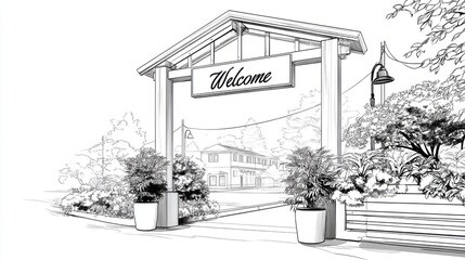 Welcoming Entrance with Sign and Lush Greenery in Black and White