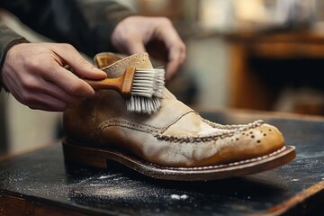 Hands carefully brushing a tan leather brogue shoe on a wooden workbench, focused meticulous shoe care and craftsmanship