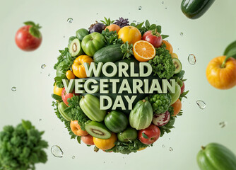 The text "WORLD VEGETARIAN DAY" is overlaid on a spherical collage of various fruits and vegetables with water droplets floating around.