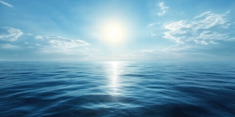 sunlit open ocean with gentle waves, clear blue sky, scattered clouds and distant horizon conveying calm peaceful serenity
