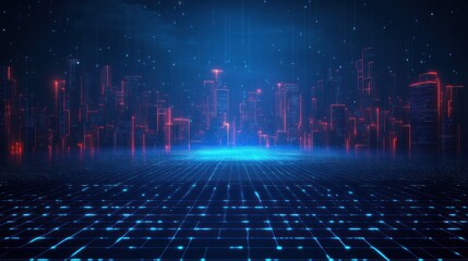 Futuristic neon city skyline over a glowing blue digital grid with holographic red building outlines and falling data lights, evoking awe and high-tech mystery