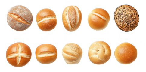 A visually appealing assortment of freshly baked bread rolls arranged neatly in a row. various textures and shapes. perfect for culinary presentations or bakery promotions