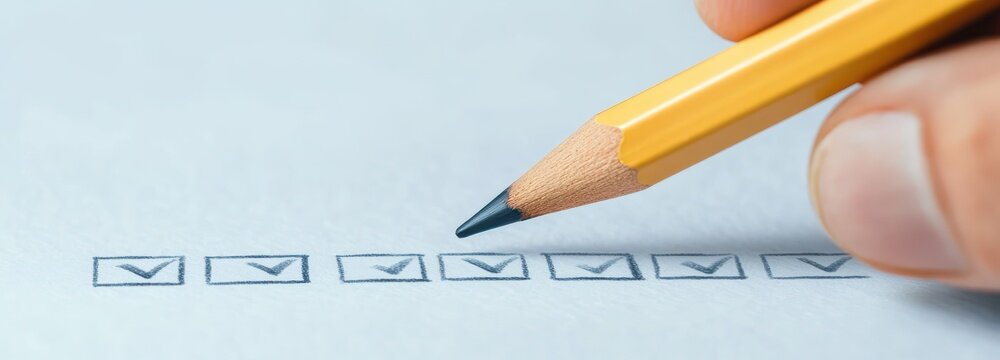 hand holding yellow pencil marking a row of completed checkboxes on paper, conveying accomplishment and organized productivity