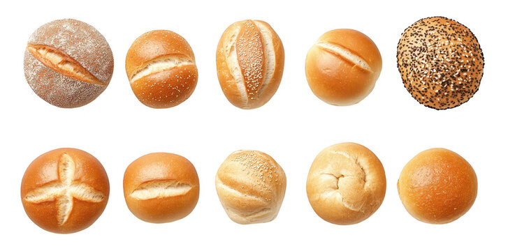 A visually appealing assortment of freshly baked bread rolls arranged neatly in a row. various textures and shapes. perfect for culinary presentations or bakery promotions