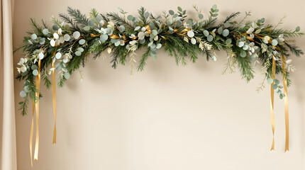 Elegant evergreen and eucalyptus garland with gold ribbon for festive seasonal decor, perfect for holiday celebrations or sophisticated winter events