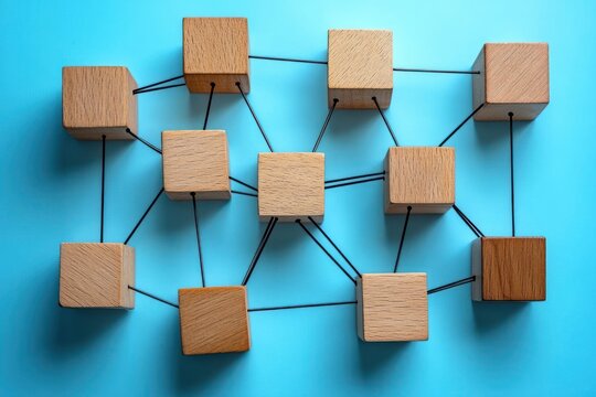 wooden cubes connected by black strings on bright blue background forming an organized linked network conveying connectivity and collaboration