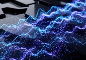 Abstract digital art piece showcasing a vibrant display of flowing, luminous particles in a wave-like formation.