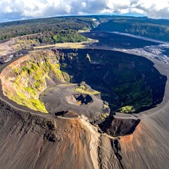 Aerial view of a vast, deep volcanic crater filled with contrasting dark, green, and orange hues, landscape scene
