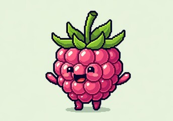 A charming cartoon raspberry character with a smiling face, arms, and legs, set against a light green background.