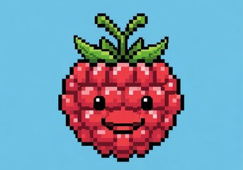 A pixelated raspberry with a smiling face and green leaves on a light blue background.