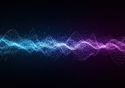 Abstract digital illustration of a flowing wave of blue and purple particles against a dark background.