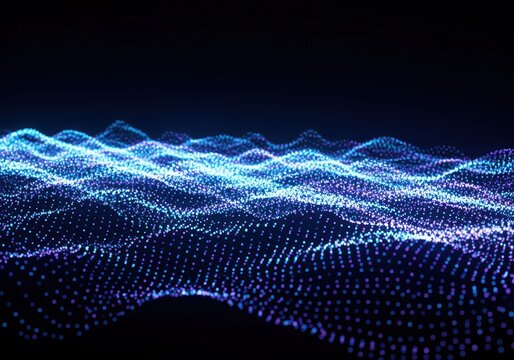Abstract digital illustration of a glowing, undulating surface composed of countless blue and purple particles.