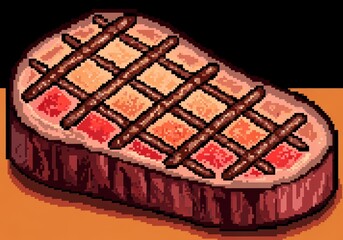Pixelated image of a cooked steak with grill marks, showcasing a delicious and appetizing meal.