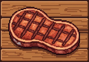 A pixelated image of a grilled steak with grill marks on a wooden surface.