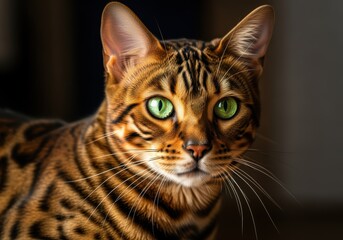 Close-up portrait of a beautiful Bengal cat with striking green eyes and a patterned coat.