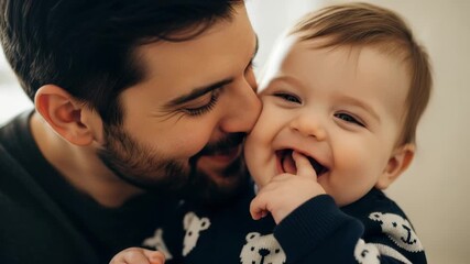 Happy young caucasian father kissing his adorable laughing baby son on the cheek. Tender moment of paternal love and affection showing a strong family bond and connection