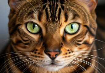 Close-up portrait of a Bengal cat with striking green eyes, looking directly at the viewer.