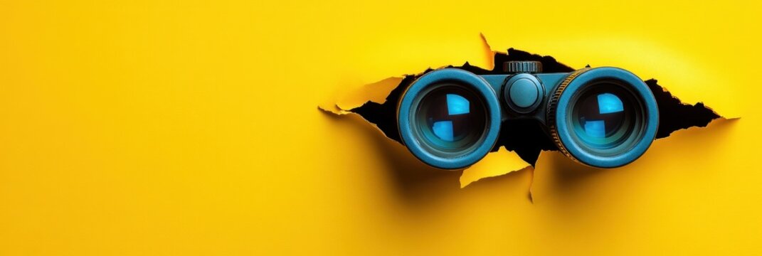blue-lensed binoculars peering through torn yellow paper, evoking curiosity and playful surprise