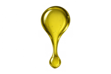 Golden oil liquid flowing drop with glossy transparent texture, isolated on a clean background