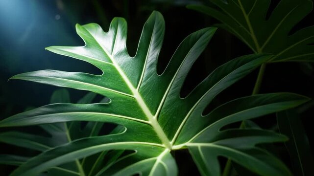 Large tropical philodendron leaf illuminated by a dramatic beam of light on a dark background. Exotic jungle foliage with vibrant green texture for a natural botanical banner