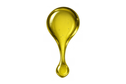 Golden oil liquid flowing drop with glossy transparent texture, isolated on a clean background