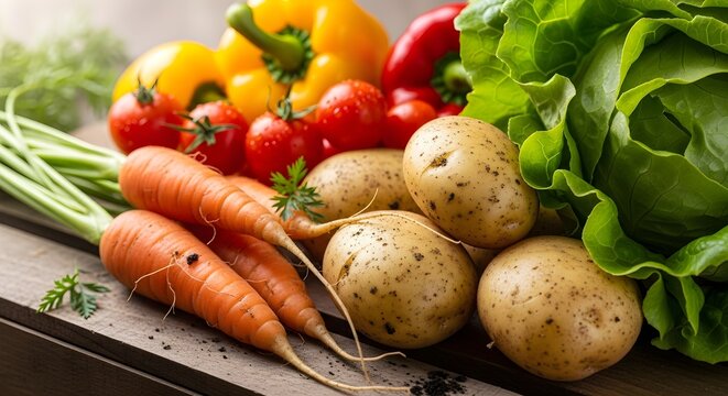 Fresh vegetables including carrots potatoes and tomatoes are displayed on a wooden surface.