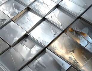 Abstract metallic pattern, with diagonal arrangement of square tiles showing reflections and highlights