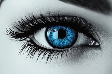 close-up of a human eye with vivid electric blue iris, long dark eyelashes and intense piercing gaze, high-contrast monochrome skin texture, mysterious and captivating emotion