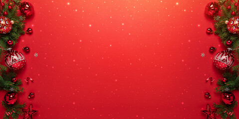Frame of Christmas tree branches with red glitter decorations on red background. Merry Christmas...