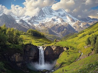 Majestic snow-capped mountain towering over a lush green valley with a cascading waterfall, a solitary cottage, wildflowers and dramatic cloudscape evoking serene awe